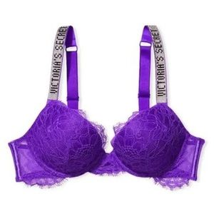 NEW 💗Victoria secret LOGO BLING shine strap logo VERY SEXY PUSHUP BRA 32D TAGS